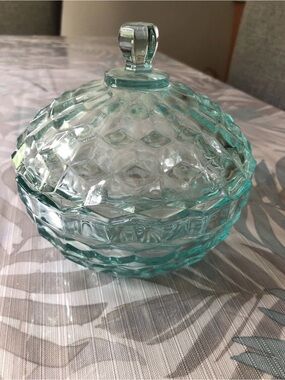 Indiana Glass Cubic Covered Candy Dish, Pale Green/Blue With Lid, 5.5” Diameter
